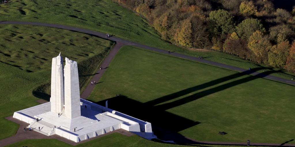 An aerial view shows Canadian National Vimy Memorial on Vimy Ridge, northern France November 1, 2015. This memorial site is dedicated to the memory of Canadian Expeditionary Force members killed during the First World War. The year 2017 will mark the centennial commemoration for the soldiers who fought during the battle of Vimy Ridge in the First World War (WWI). REUTERS/Pascal Rossignol